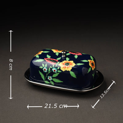 Black - Floral Handpainted Enamelware Stainless Steel Butter Dish (Capacity- 500Grams)