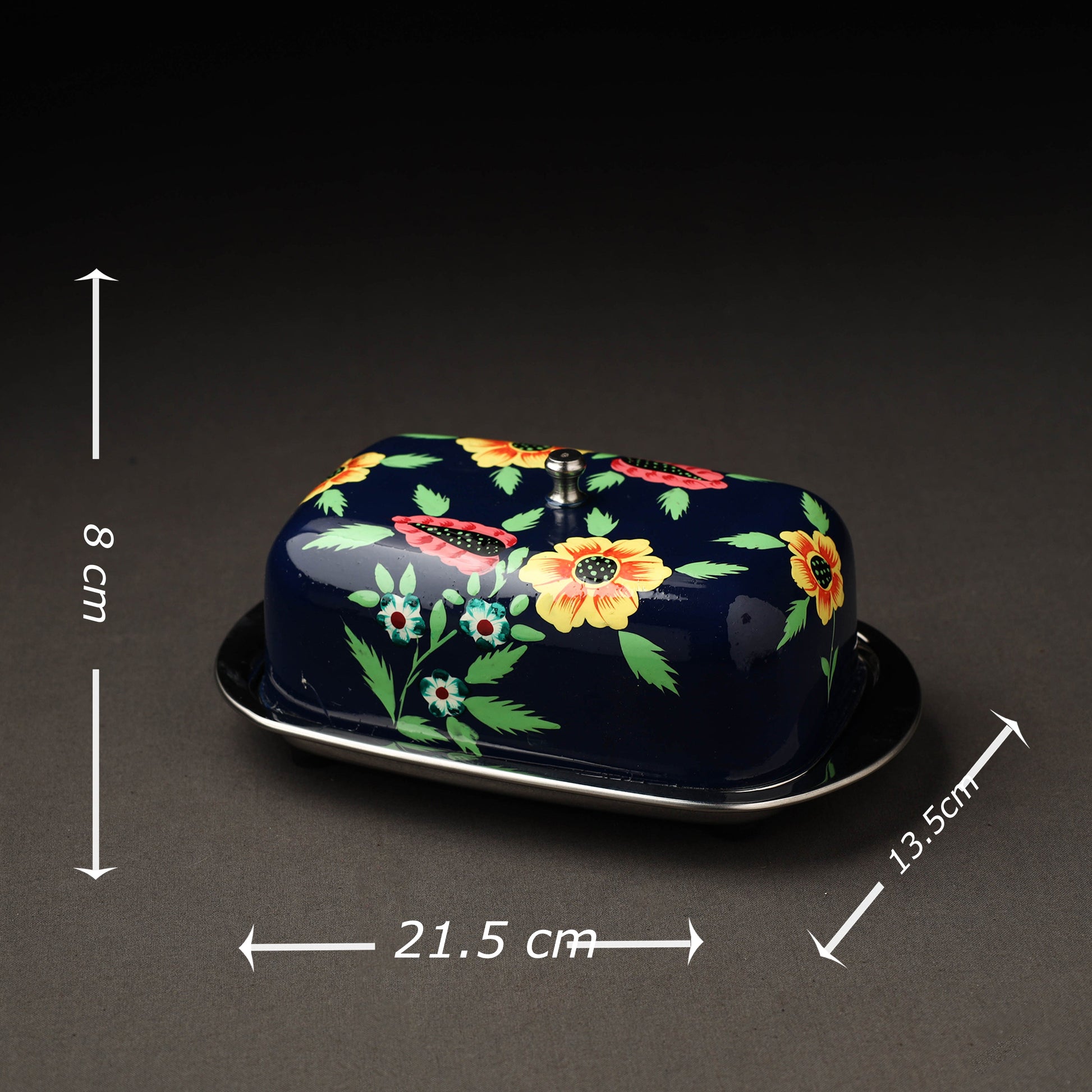 Black - Floral Handpainted Enamelware Stainless Steel Butter Dish (Capacity- 500Grams)