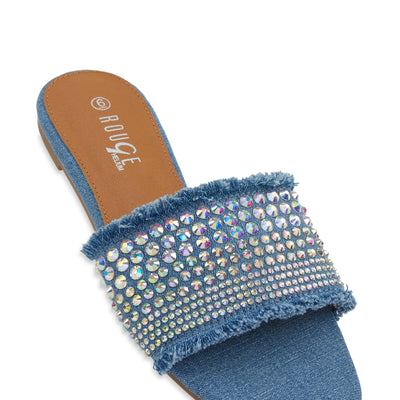 Frayed Denim Rhinestone Slide Sandals