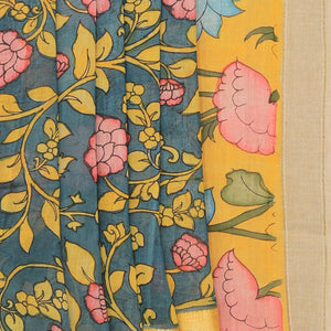 Kalamkari Hand-Painted Teal Blue Saree