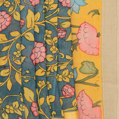 Kalamkari Hand-Painted Teal Blue Saree
