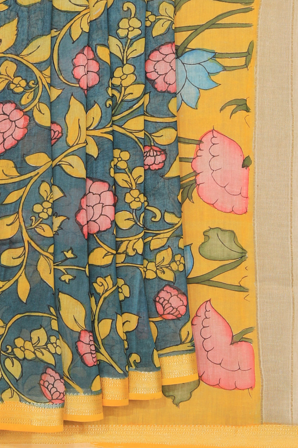 Kalamkari Hand-Painted Teal Blue Saree