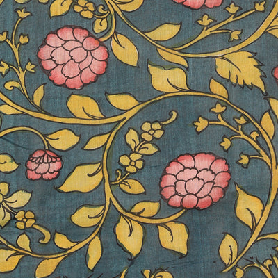 Kalamkari Hand-Painted Teal Blue Saree