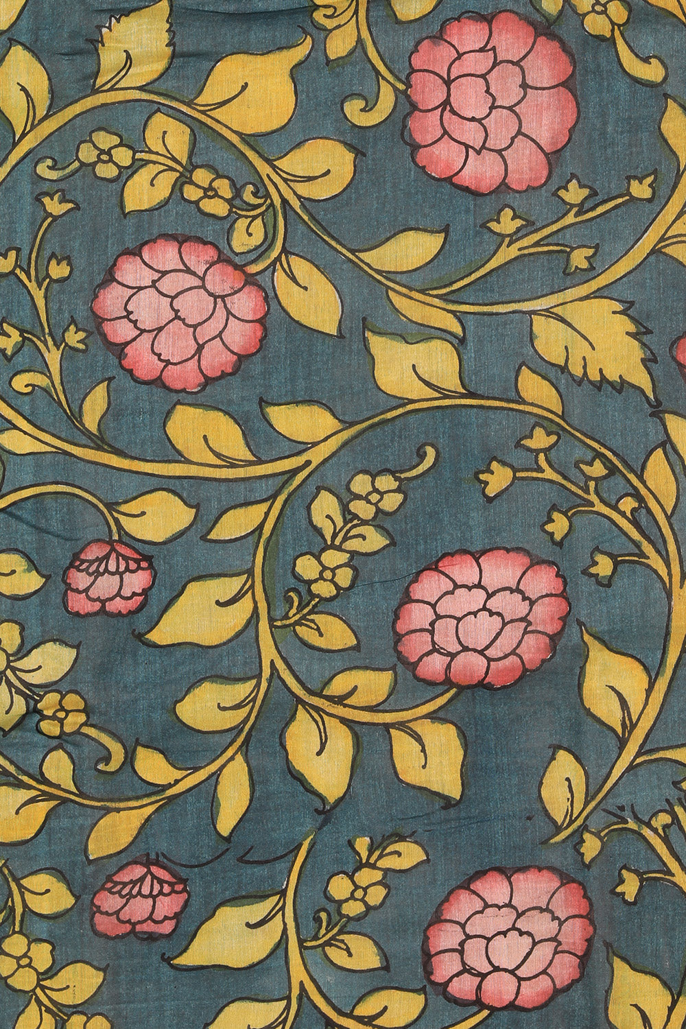 Kalamkari Hand-Painted Teal Blue Saree