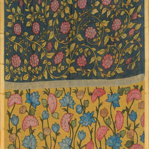 Kalamkari Hand-Painted Teal Blue Saree