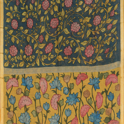 Kalamkari Hand-Painted Teal Blue Saree