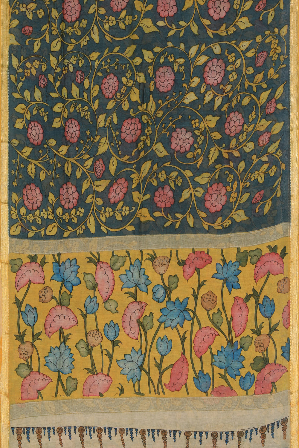 Kalamkari Hand-Painted Teal Blue Saree