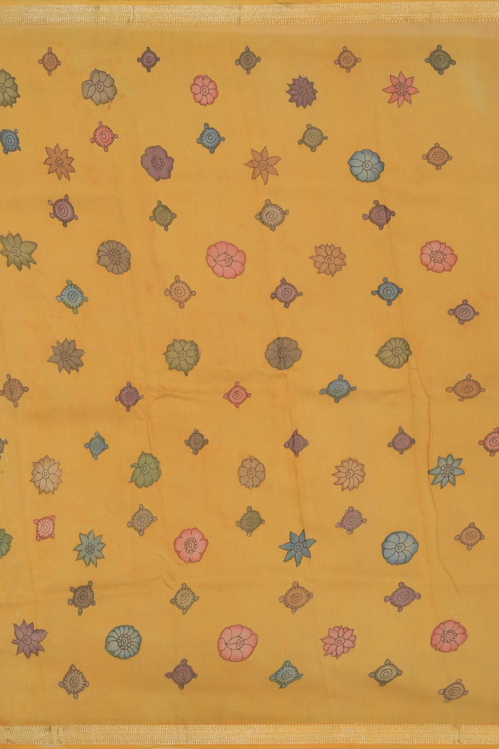 Kalamkari Hand-Painted Teal Blue Saree