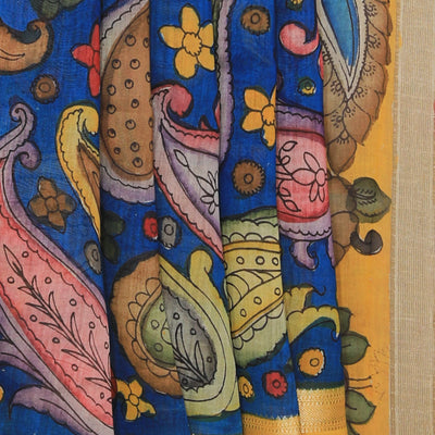 Kalamkari Hand-Painted Blue Saree