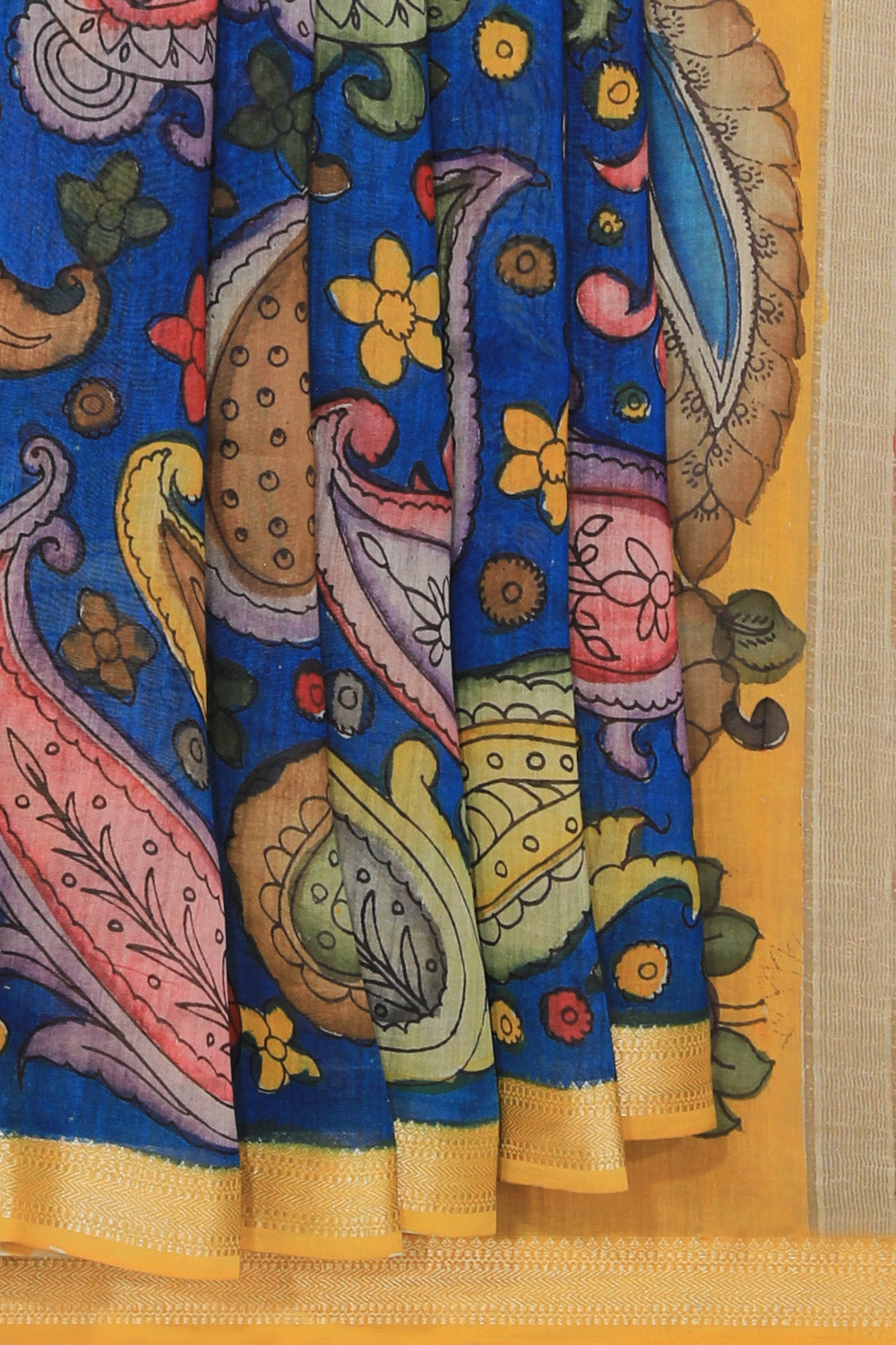Kalamkari Hand-Painted Blue Saree