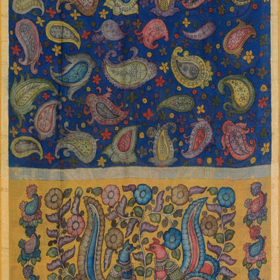 Kalamkari Hand-Painted Blue Saree