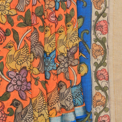 Kalamkari Hand-Painted Orange Saree