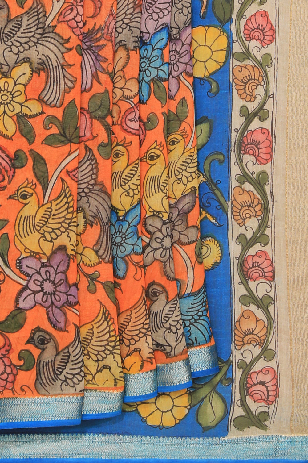 Kalamkari Hand-Painted Orange Saree