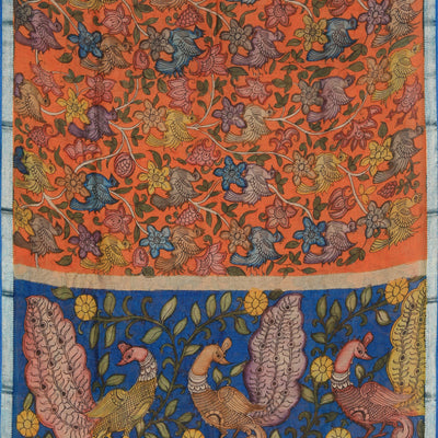 Kalamkari Hand-Painted Orange Saree