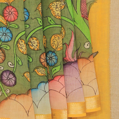 Kalamkari Hand-Painted Green Saree