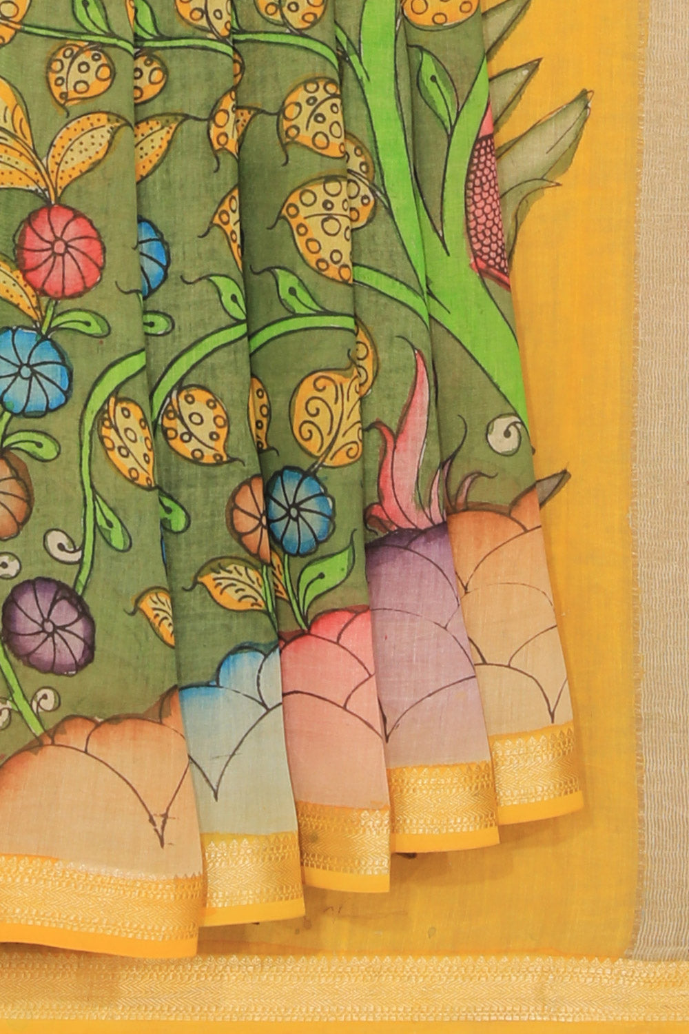 Kalamkari Hand-Painted Green Saree