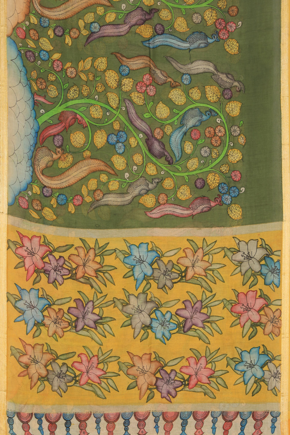 Kalamkari Hand-Painted Green Saree