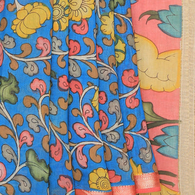 Kalamkari Hand-Painted Blue Saree
