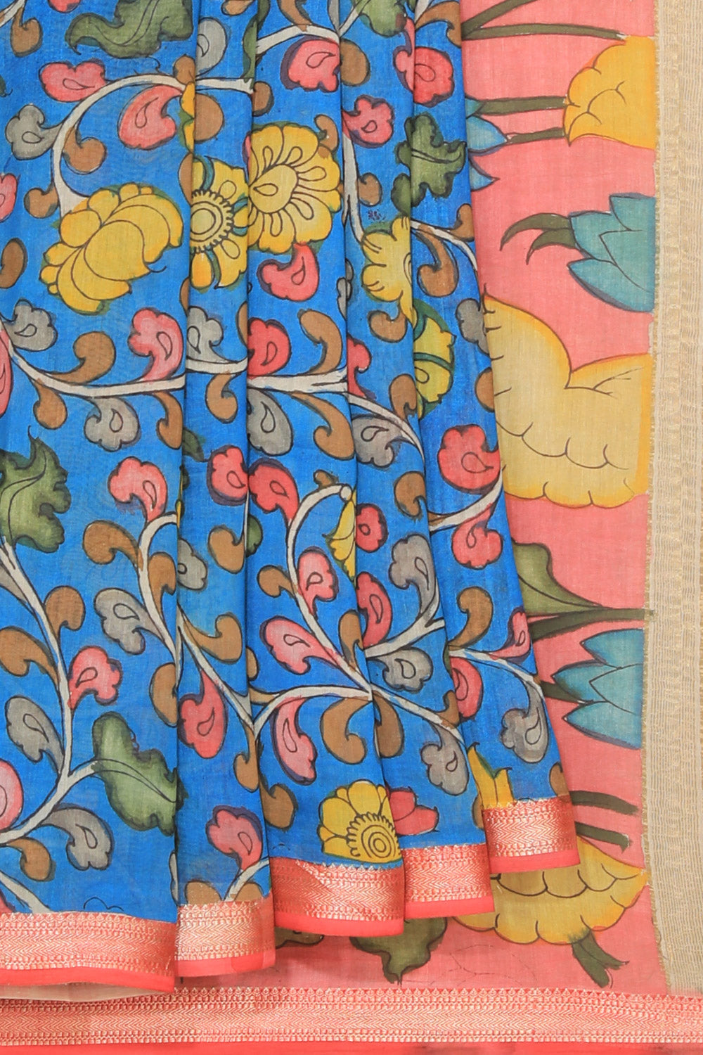 Kalamkari Hand-Painted Blue Saree