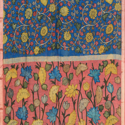 Kalamkari Hand-Painted Blue Saree