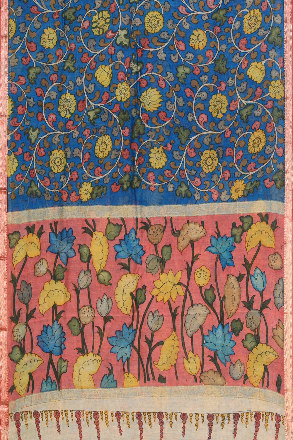 Kalamkari Hand-Painted Blue Saree