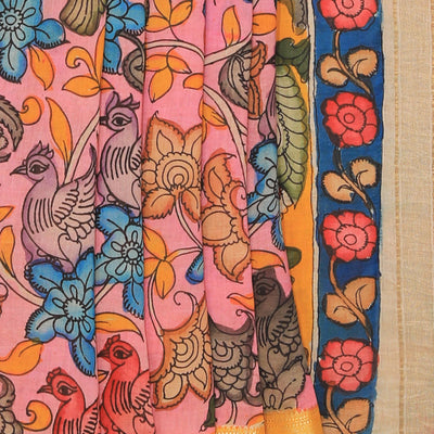 Kalamkari Hand-Painted Pink Saree