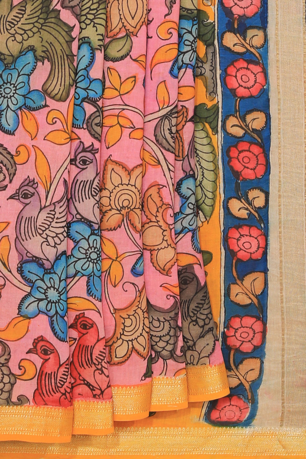 Kalamkari Hand-Painted Pink Saree