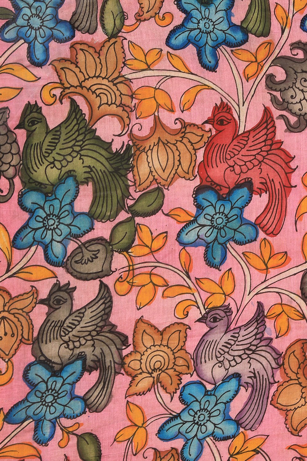 Kalamkari Hand-Painted Pink Saree