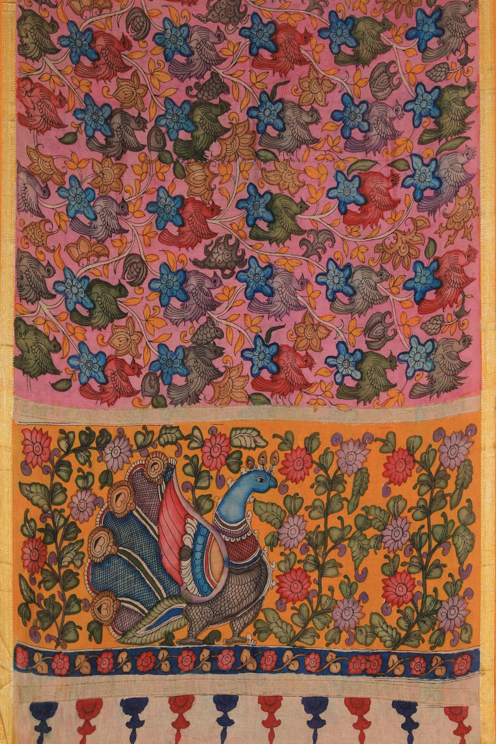 Kalamkari Hand-Painted Pink Saree