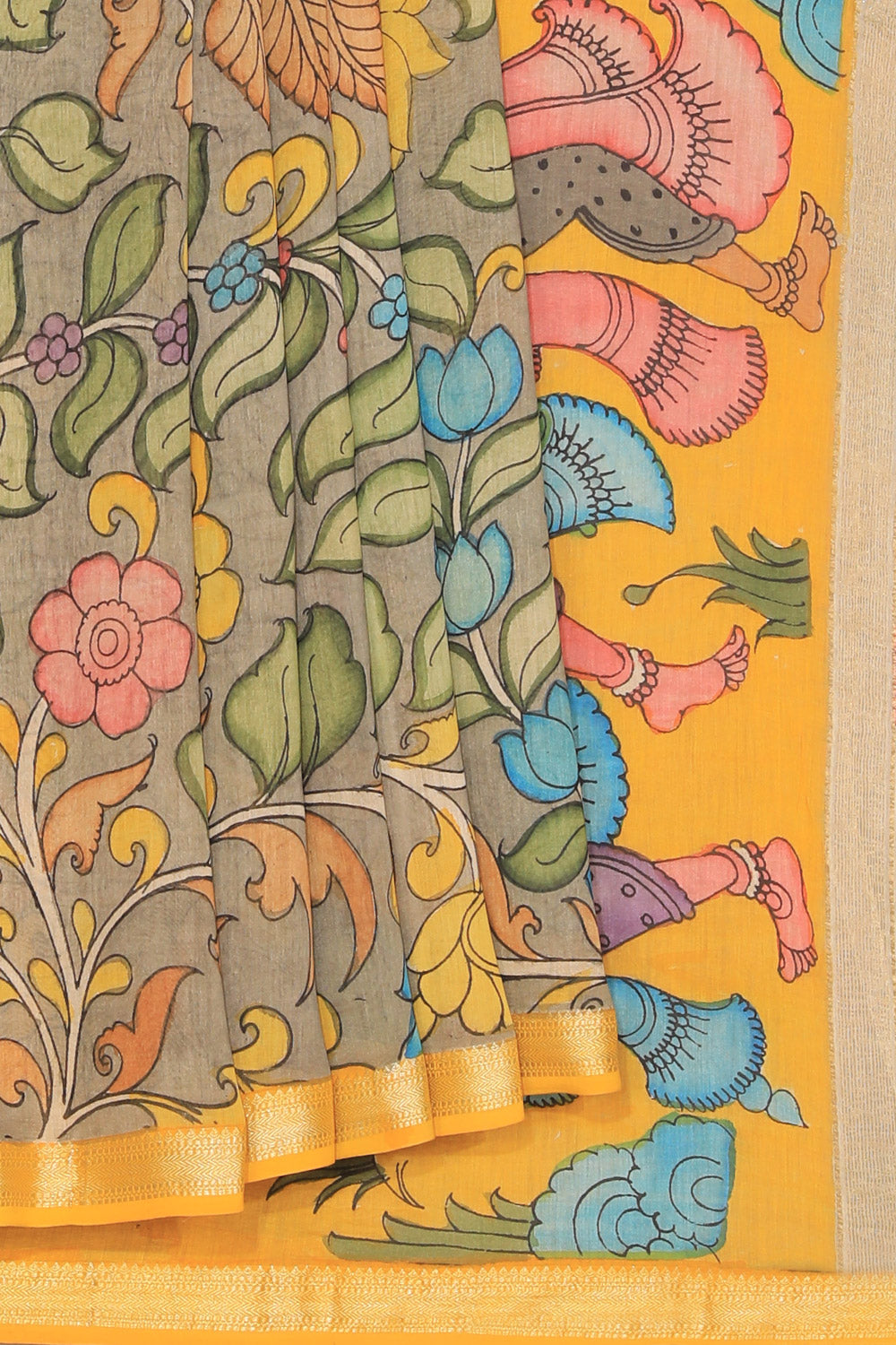 Kalamkari Hand-Painted Grey Saree