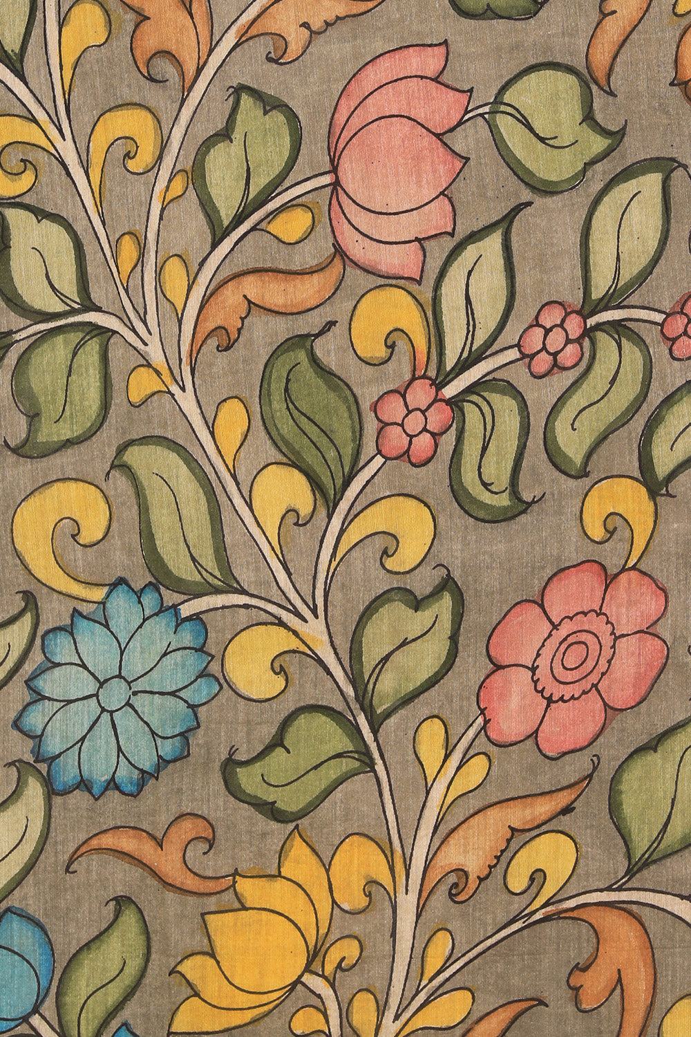 Kalamkari Hand-Painted Grey Saree