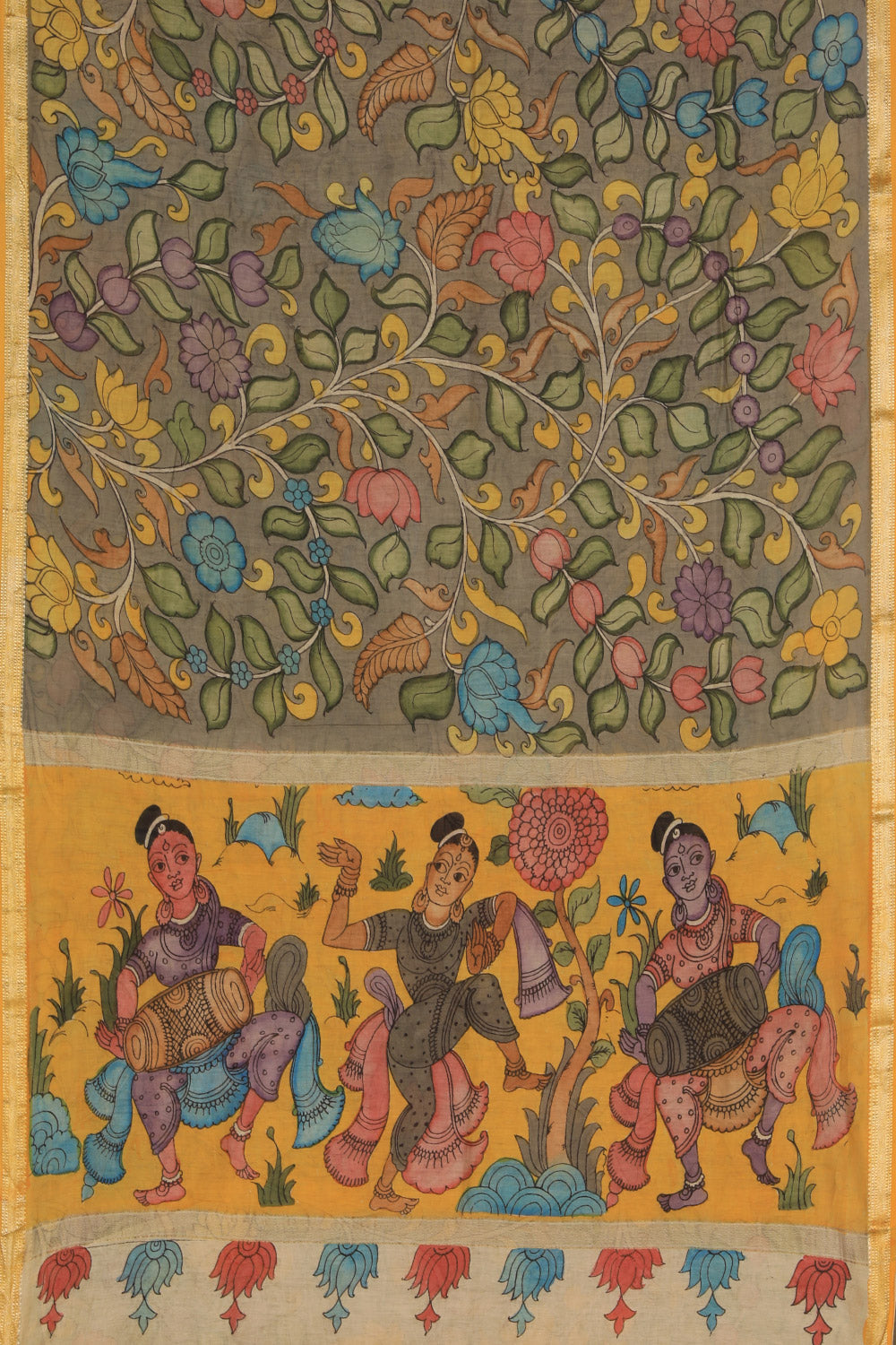 Kalamkari Hand-Painted Grey Saree