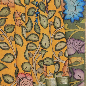 Kalamkari Hand-Painted Yellow Saree