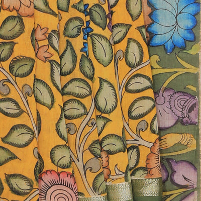 Kalamkari Hand-Painted Yellow Saree