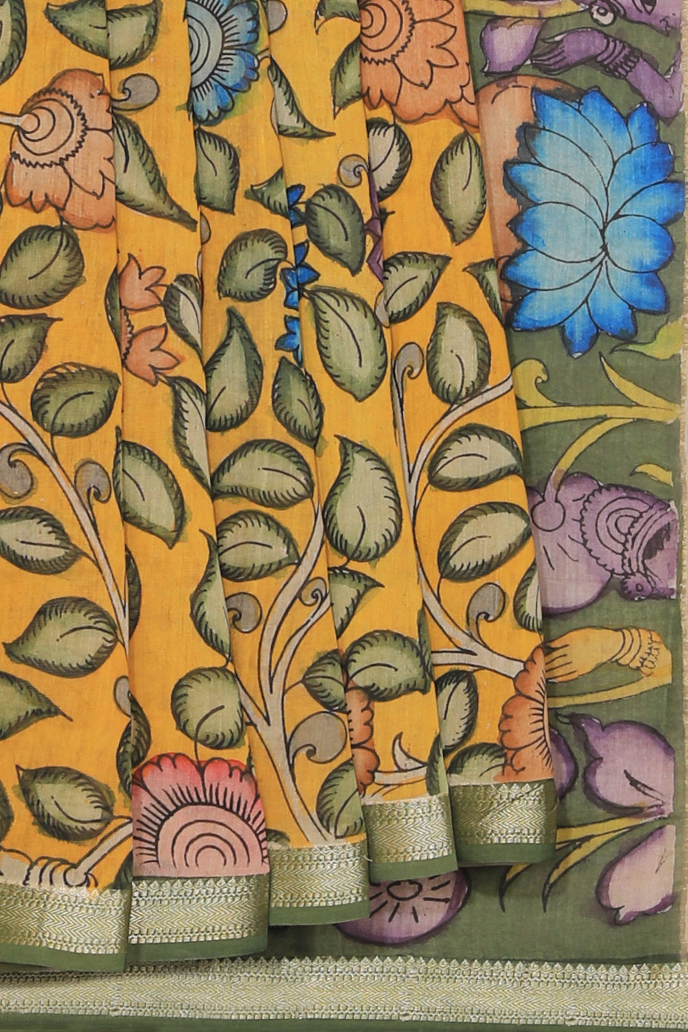 Kalamkari Hand-Painted Yellow Saree
