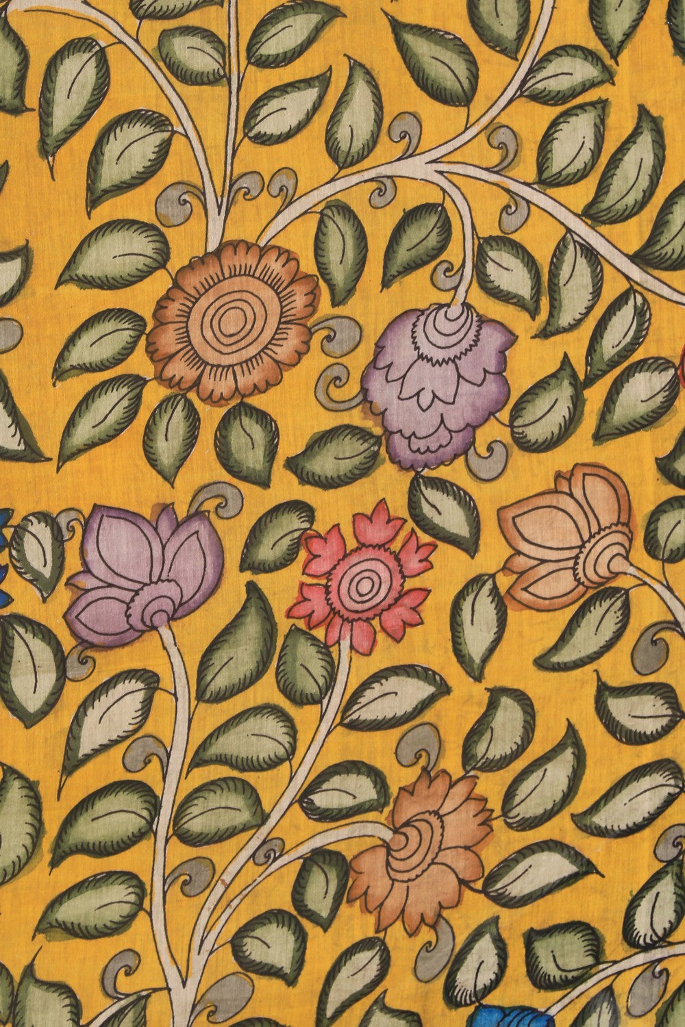 Kalamkari Hand-Painted Yellow Saree
