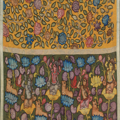 Kalamkari Hand-Painted Yellow Saree