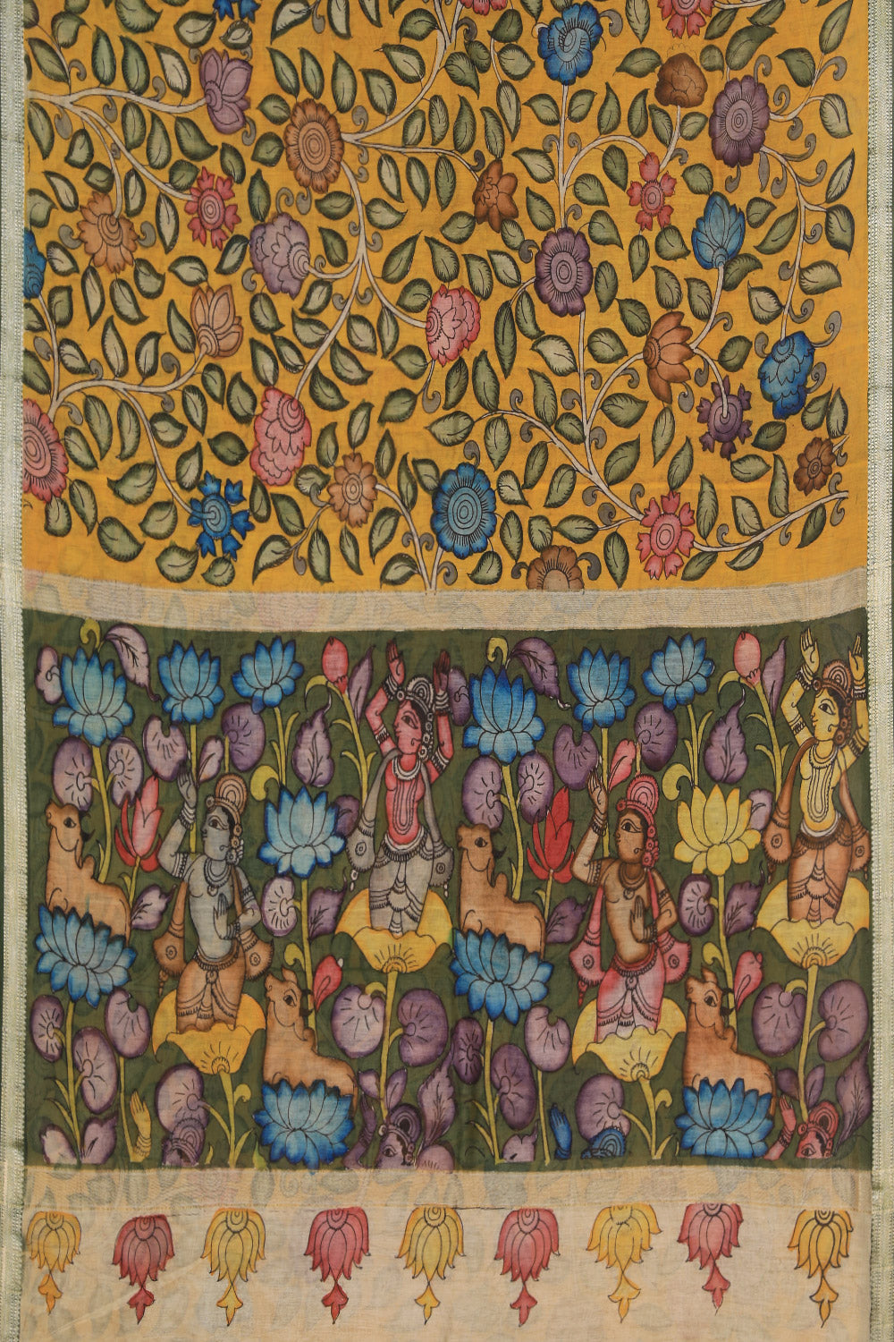 Kalamkari Hand-Painted Yellow Saree
