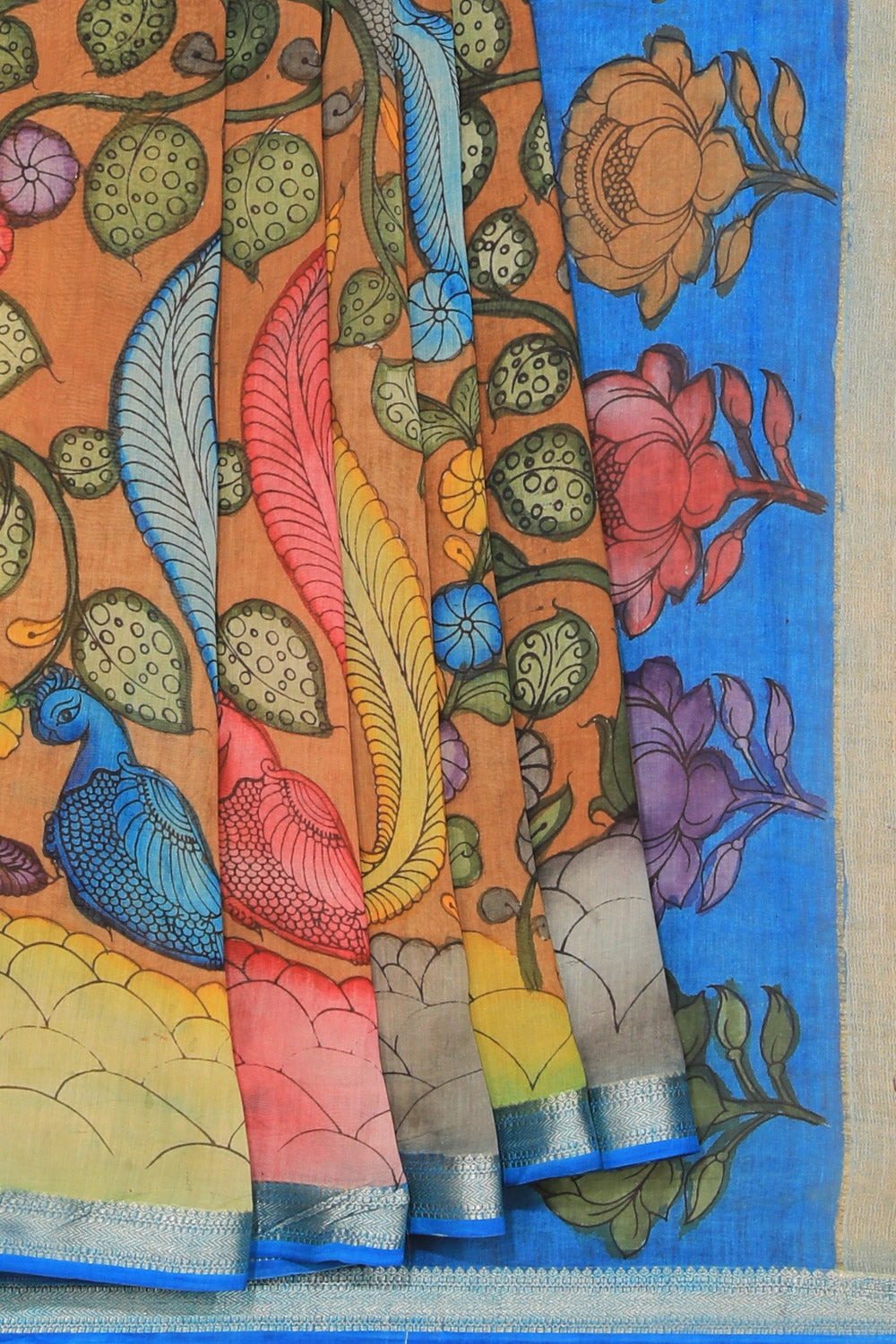 Kalamkari Hand-Painted Brown Saree