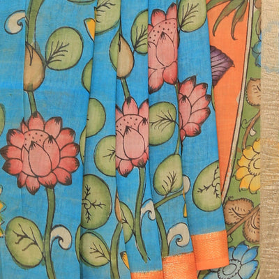 Kalamkari Hand-Painted Blue Saree