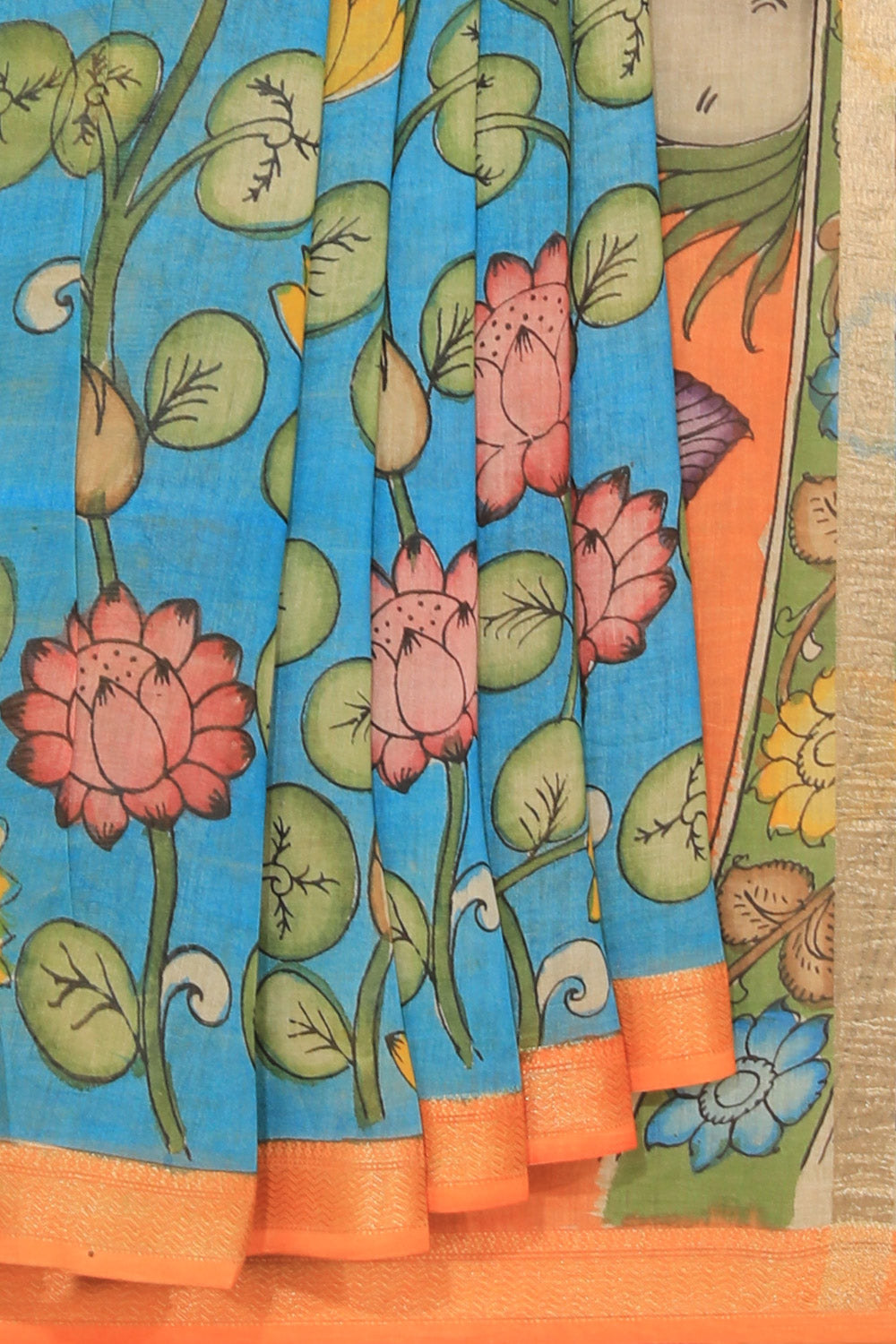 Kalamkari Hand-Painted Blue Saree