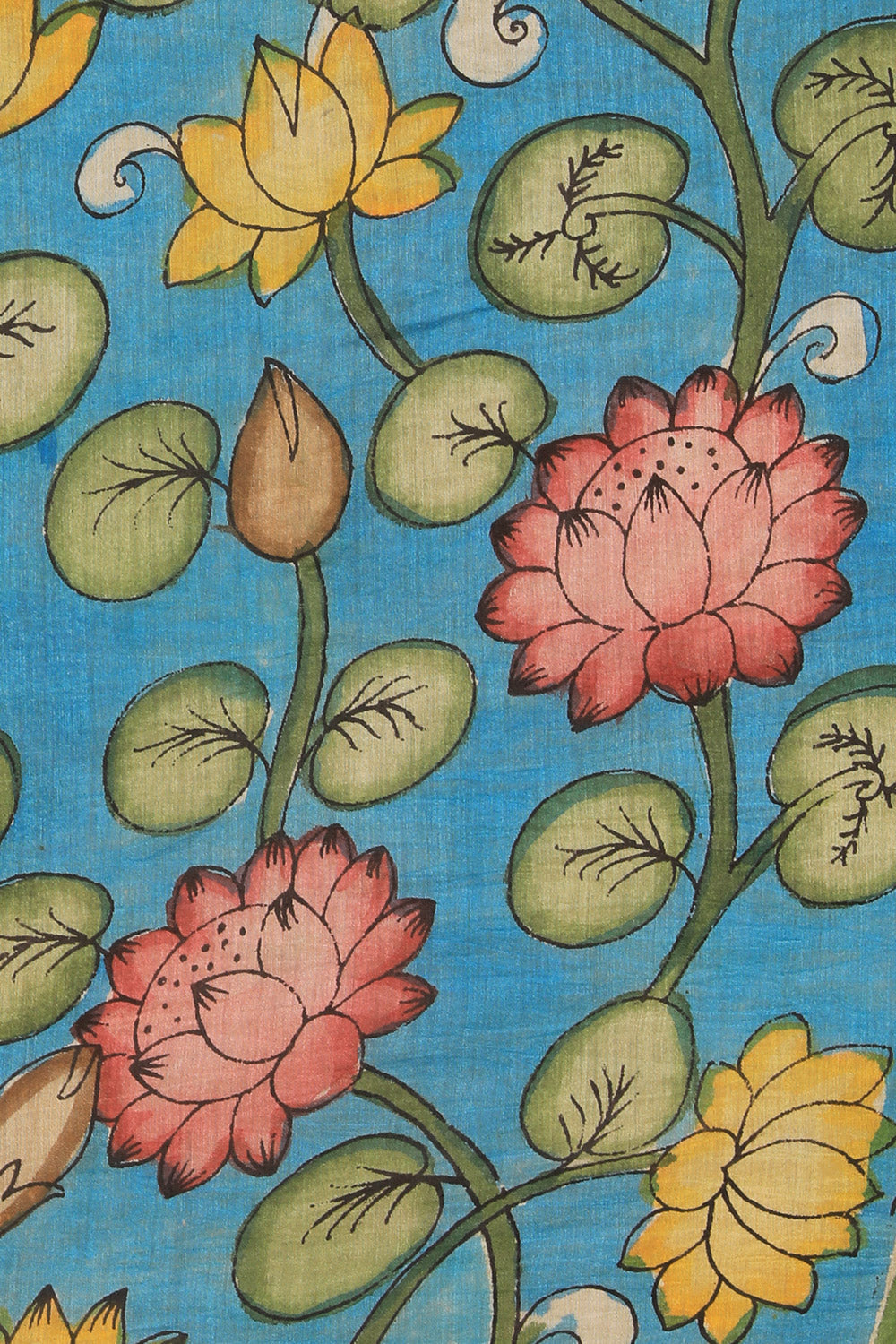 Kalamkari Hand-Painted Blue Saree