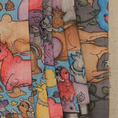 Kalamkari Hand-Painted Grey Saree