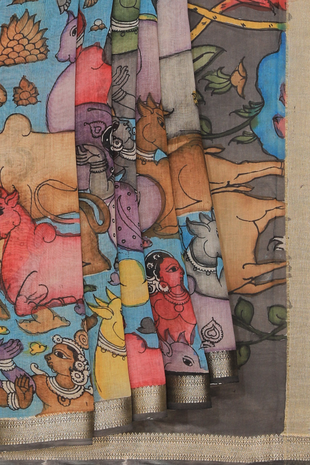 Kalamkari Hand-Painted Grey Saree