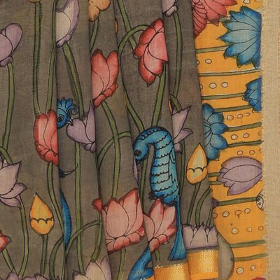 Kalamkari Hand-Painted Grey Saree