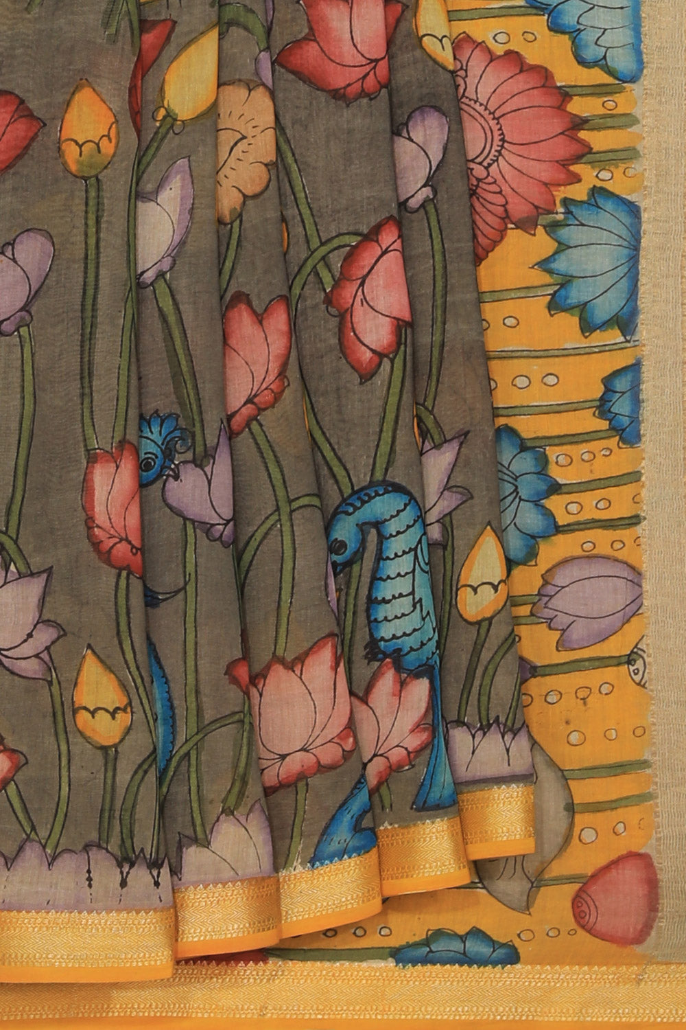 Kalamkari Hand-Painted Grey Saree