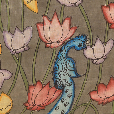 Kalamkari Hand-Painted Grey Saree