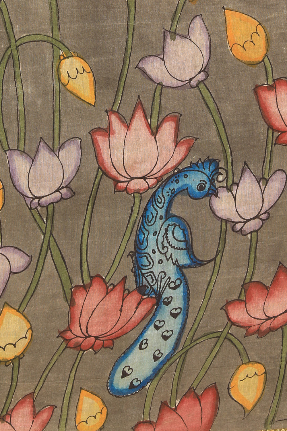 Kalamkari Hand-Painted Grey Saree