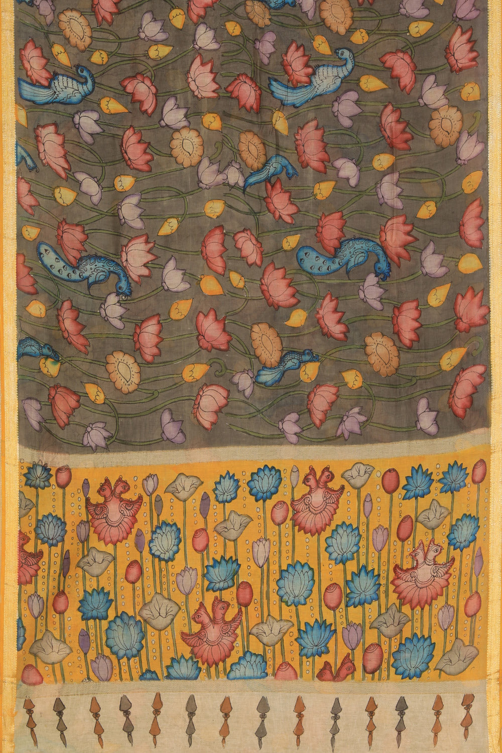Kalamkari Hand-Painted Grey Saree