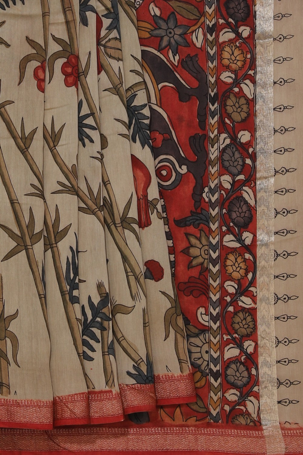 Kalamkari Hand-Painted Beige Saree
